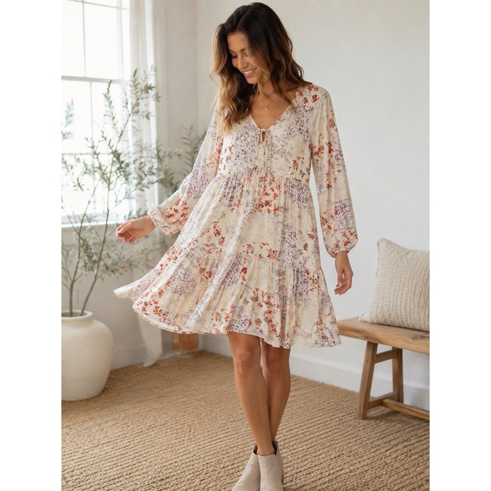 American Eagle Cream Floral Tiered Mini Babydoll Dress 100% Viscose Cottagecore